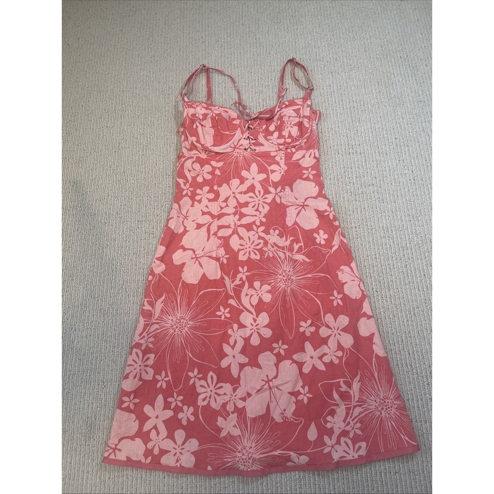 Vtg Agua Bendita Tropical Hawaiian Print Tie Up Midi Dress Pink Vacation Y2K